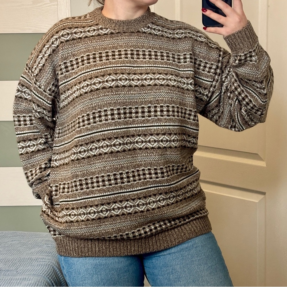 ‼️SOLD‼️ VINTAGE 90s R&R Classics Brown and White Knit Crew Sweater Pullover XL - Picture 3 of 13